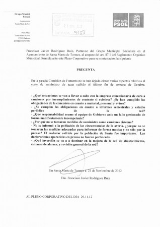 PREGUNTAS RELATIVAS A LA FALTA DE SUMINISTRO DE AGUA OCURRIDO EL ÚLTIMO FIN DE SEMANA DE OCTUBRE